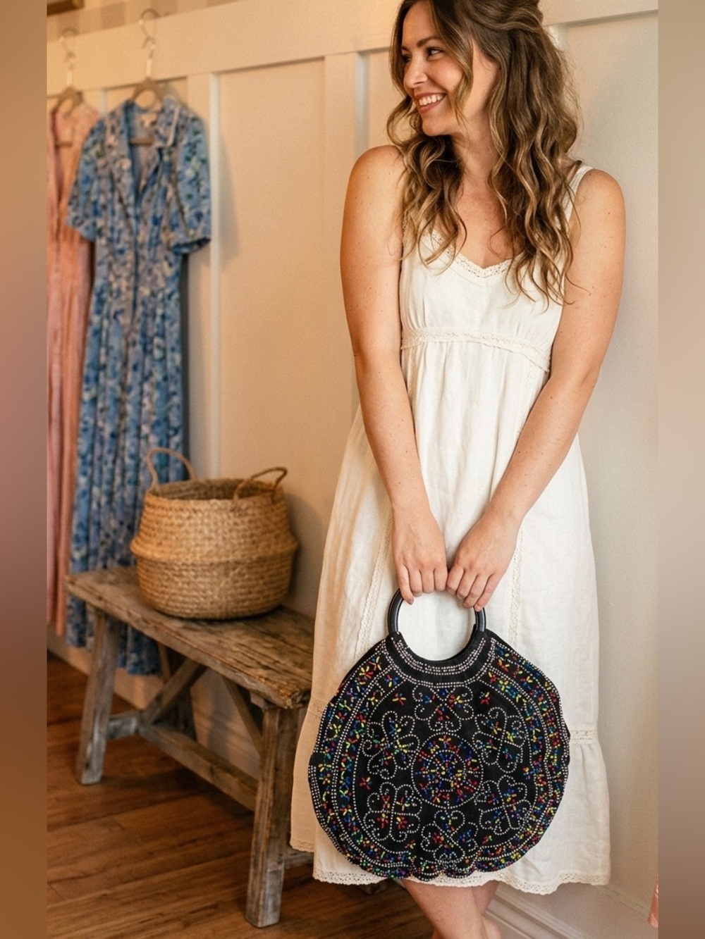 70’s Vintage Black‎ Beaded Round Shoulder Bag with Multicolor Embellishments